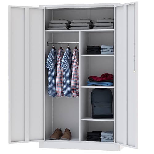 Image of Letaya Metal Locker,Steel Wardrobe Storage Cabinets with Lock Door,Clothing Coat Storage Freestanding for Office, Home, School, Employee,Gym,Fire Department (White)