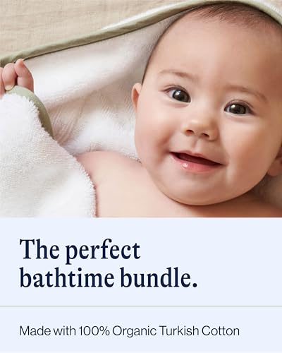 Image of Lalo The Hooded Towel & Washcloth Set, 100% Organic Cotton, Soft on Sensitive Skin, Durable & Absorbent, Machine Washable, Includes One Baby Towel and Two Washcloths - Sage