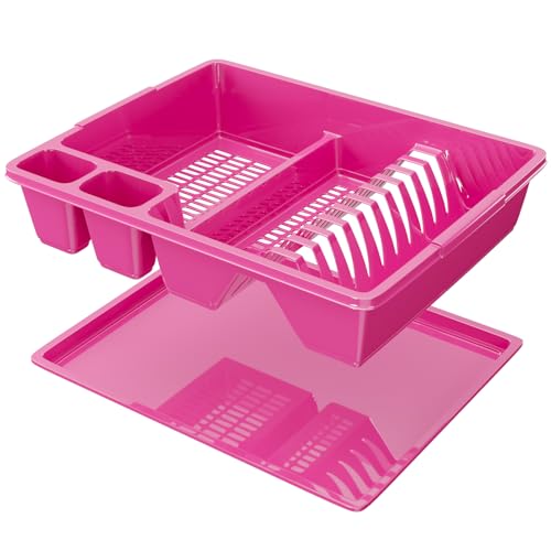 WELLGRO Abtropfgestell aus Kunststoff mit Reinigungsbürste und 10 Schwämmen - 44x35x9 cm (LxBxH) - Schale Geschirrkorb Abtropfkorb Abtropfgitter für Spüle Made in Europe, Farbe:Pink