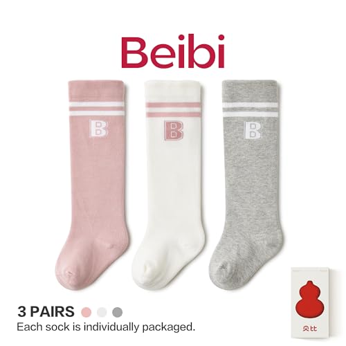 Beibi 3 PCS Baby Socks, Toddler Knee High Socks, Cotton Newborn Stockings Socks for Little Girls & Boys, Infants Kids2
