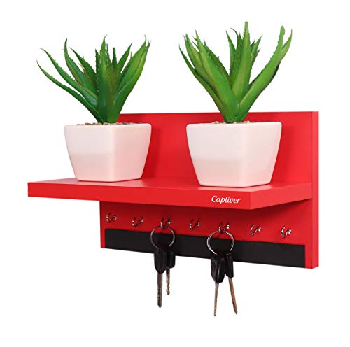 Image of Captiver Engineerd Wood Wall Hanging Key Holders with Storage Shelf Racks Stands (7 Hooks, Matte Red) II Home Decor Stylish Keyholders Multipurpose Hanger Keychain Keystand