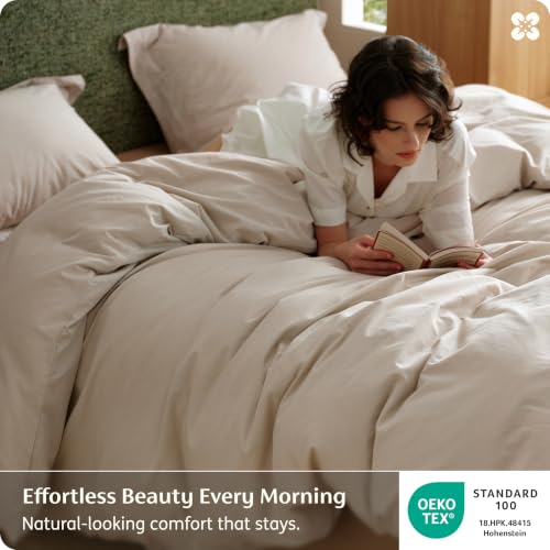 Image of Bedsure 100% Washed Cotton Duvet Cover Super Queen Size - Oatmeal Minimalist Bedding Set Linen Like - PureWoven Plain Simple & Soft Comforter Cover for All Seasons (Oatmeal, Super Queen, 90 inchx98 inch)