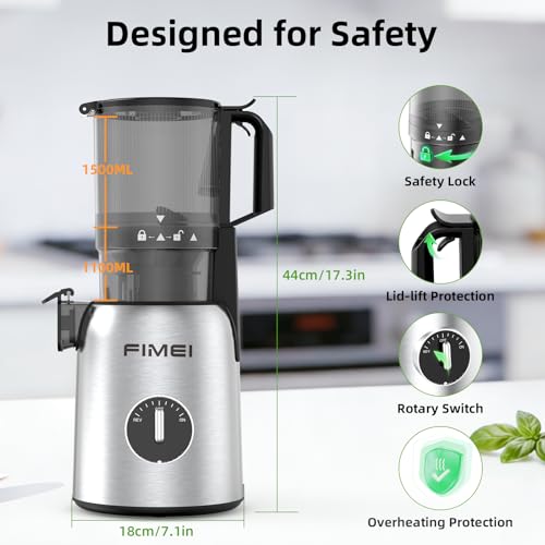FIMEI Extractor de Zumos y Verduras, Licuadora Prensado en Frio para Verduras Frutas Enteras con Apertura de 135 MM, Fácil Montaje y Limpieza, Extractor de Jugo Incluye 2 Vasos, Sin BPA, Base inox - imagen 2