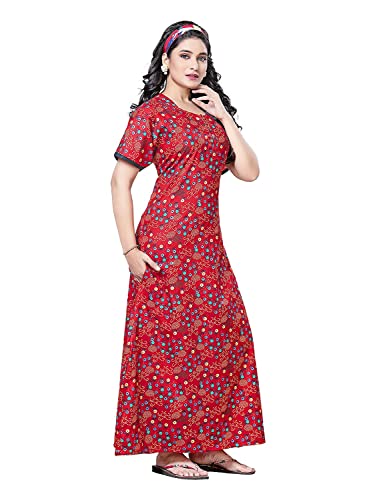 Image of PNAEONG Women's Printed Cotton Nighty, Gown Maxi - Free Size Red