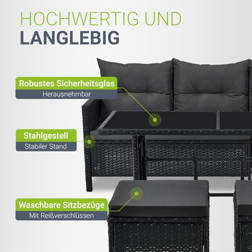 Juskys Polyrattan Lounge Manacor mit Ecksofa, Esstisch, 2 Hocker & Kissen - wetterfest bis 7 Personen - Bezüge waschbar - Rattan Garten Sitzgruppe Gartenlounge Gartenmöbel Set - Schwarz/Grau