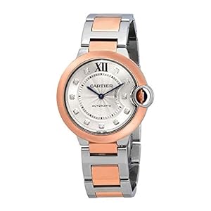 Cartier Ballon Bleu Automatic Diamond Dial Ladies Steel and 18kt Rose Gold Watch W3BB0013