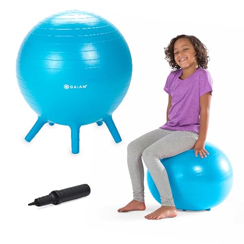 Gaiam Kids Stay-N-Play Children's Balance Ball - Flexible School Chair Active Classroom Desk Alternative Seating | Built-In Stay-Put Soft Stability Legs, Includes Air Pump, 52cm, Blue