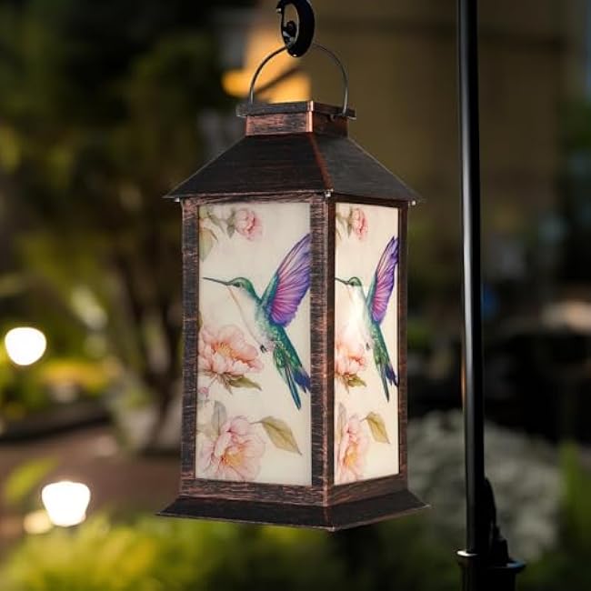 Homemory Hanging Solar Lanterns Outdoor Waterproof, Solar Hummingbird Lights with LED Flickering Flameless Candles, Gifts for Women Mom, Outside Lantern Decoration Garden,Yard,Patio,Lawn