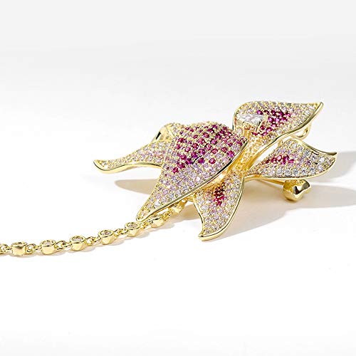 Image of Women's Cubic Zirconia Orchid Flower Brooch Crystal Floral Boutonniere Petal Lapel Pin Beastpin Bridal Wedding Jewelry with Tassel