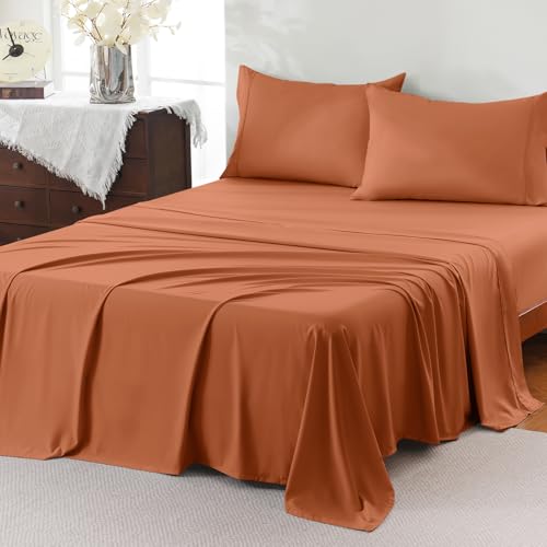 ChicView King Sheet Set 4 Pieces Hotel Luxury Breathable Soft Microfiber Bedsheets Anti Pilling Deep Pockets Easy Care Bed Sheets Brunt Orange