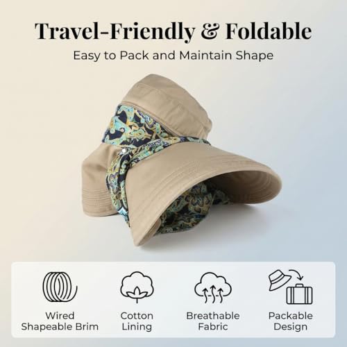 Image of PALAY Hats for Women UPF 50+ Anti-UV Wide Brim Foldable Sun Visor Hat with Detachable Top & Neck Scarf, Large 14cm Brim, Lightweight Canvas Fabric, Summer Beach Outdoor Protection (Floral)