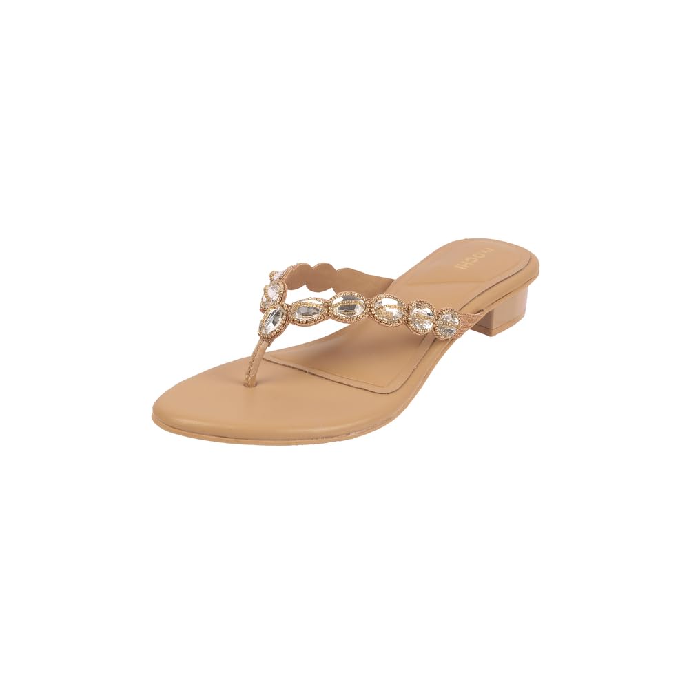 mochi Women's Faux Leather Stone Embellished Low Heel Party Ethnic Chappal-picture-12
