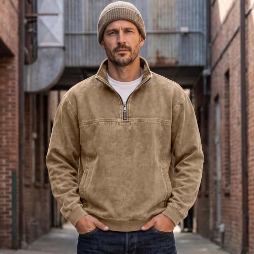 Denim Shirt Men Washed Vintage 1/4 Zip Pullover Shirt with Pockets - image 2
