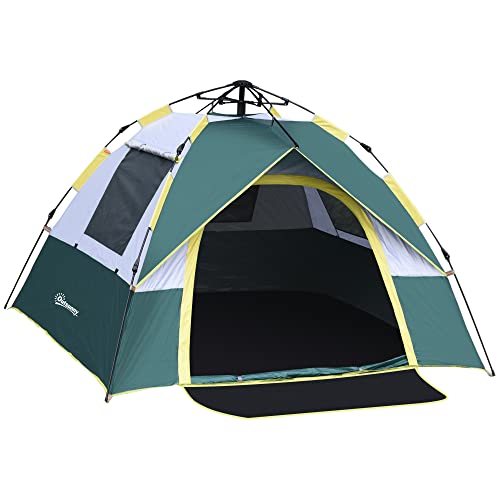 Outsunny Tente de Camping Pop up 3 Personnes avec 3 fenêtres et Porte, Sac de Transport Inclus, Fibre Verre Polyester PE, Gris Vert