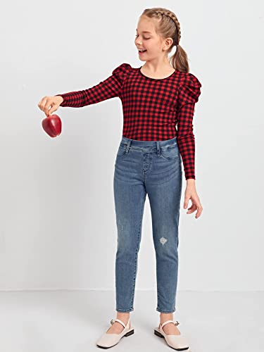 Image of Milumia Girl's Gingham Plaid Puff Sleeve Blouse Round Neck Casual School Shirt Top Red 10 Years