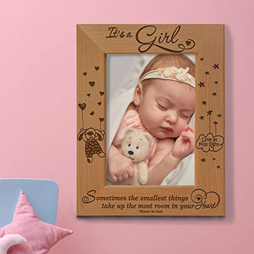 Kate Posh- It's A Girl, Sometimes The Smallest Things Take Up The Most Room In Your Heart, Winnie The Pooh Engraved Natural Wood Picture Frame, Baby's 1St Picture, Love At First Sight (5X7 Vertical) #TOP4