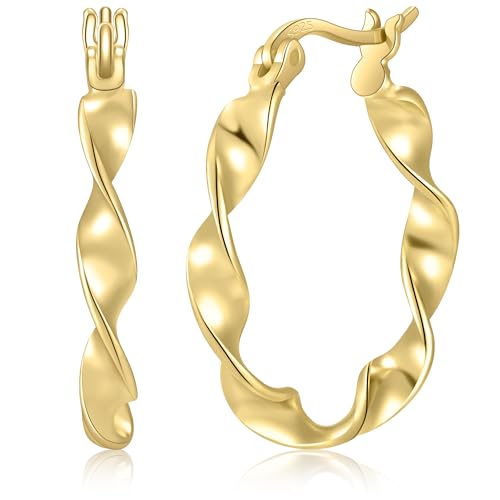 14K Gold Hoop Earrings for Women, 14 Karat Twisted Dainty Gold Hoop Earrings for Women, 14K Solid Gold Plated 925 Sterling Silver, 25mm