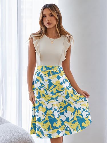 Image of YATHON Women's Vintage Ruffle Sleeve Floral A Line Cocktail Party Dresses