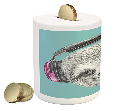 Ambesonne Sloth Piggy Bank, DJ Sloth Portrait with Headphones Funny Modern Character Cool Smiling, Printed Ceramic Coin Bank Money Box for Cash Saving, Teal Grey Fuchsia