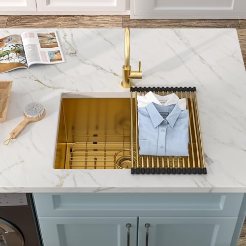 Image of 24 inchx18 inch Undermount Laundry Utility Sink - 16 Gauge 304 Stainless Steel Brushed Gold NANO-PVD 12 Inch Deep Single Bowl Under Counter Laundry Room Sink