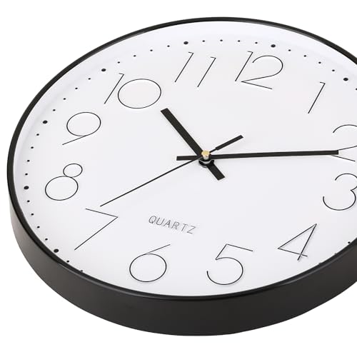 TOHOOYO Wall Clock 12 ''Non-ticking Silent Quartz Decorative Clocks Modern Large Number Round Clock (Black)