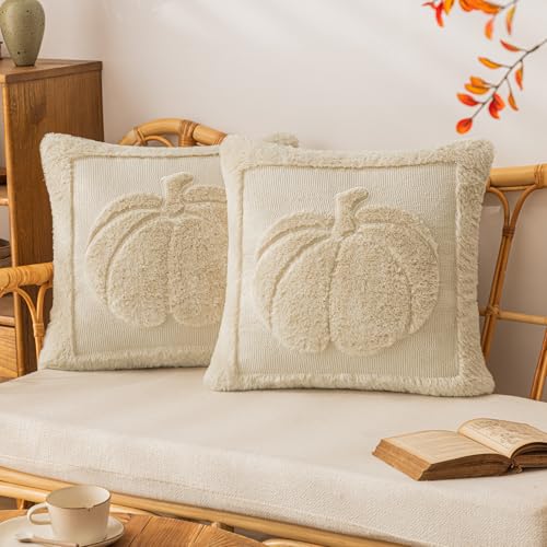COSIBONO Beige Pumpkin Fall Throw Pillow Covers 18x18, Set of 2 Cute Fall Halloween Pillow Cases for Sofa Autumn Decor Soft Faux Fur Farmhouse Cushion Covers for Thanksgiving Living Room Bedroom