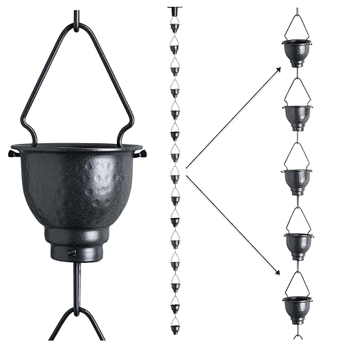 Image of Rain Chain - Gray Powder Coated 8.5 Feet Length Iron Rain Chain for Garden Decor - Rust Proof Long Lasting Rain Chain With Gutter Adaptor and Clip Installer - Rain Chain Downspout for Gutter | High Quality Gray Powder Coating which makes Iron Rain Chain rust proof