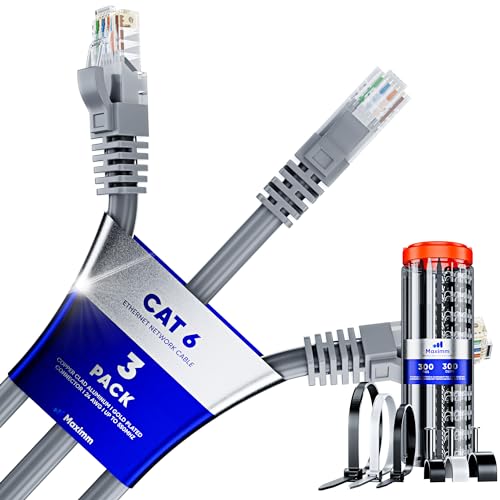 Maximm Cat 6 Ethernet Cable 5 Ft, (3-Pack) Cat6 Cable, LAN Cable, Internet Cable, Patch Cable and Network Cable - UTP (Gray) 5 Feet with 100 Cable Clips and Zip Ties