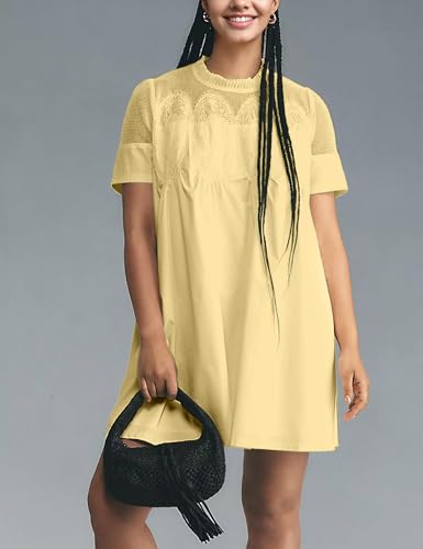 Image of Womens Summer Lace Mini Babydoll Dress Ruffled Collar Short Sleeve Loose Mesh Swing Elegant Flared Sundress