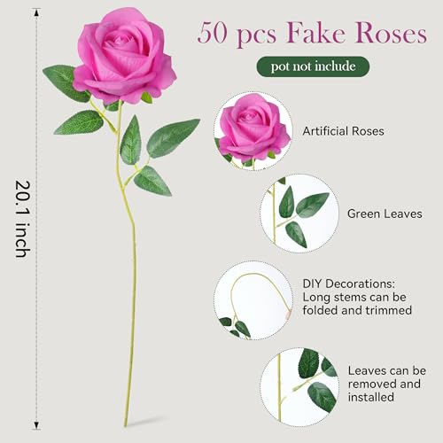 Image of INSPRING 50 PCS Hot Pink Roses Artificial Flowers with Long Stems | Real Looking, Fake Roses, Silk Flowers, DIY Bouquet, Wedding Party Celebration Home Bridal Decoration Gift, for Her Wife