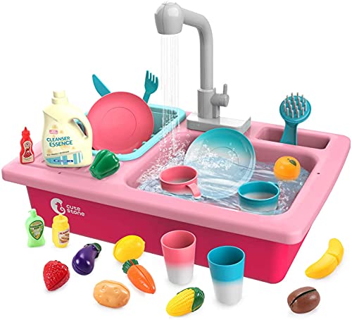 cute stone Color Changing Kitchen Sink Toys Children Heat Sensitive Electric Dishwasher Playing Toy with Running Water Automatic Water Cycle System Play House Pretend Role Play Toys for Girls