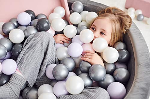 MISIOO Velvet Bällebad - Bällebad Kinder für Baby Zimmer - Bällebad Baby - 150 Bälle für Bällebad - Baby Spielzeug - Maschinenwaschbar - Öko-Tex - 90 x 30 cm - Hellgrau - Rosa Weiß und Silber Bälle
