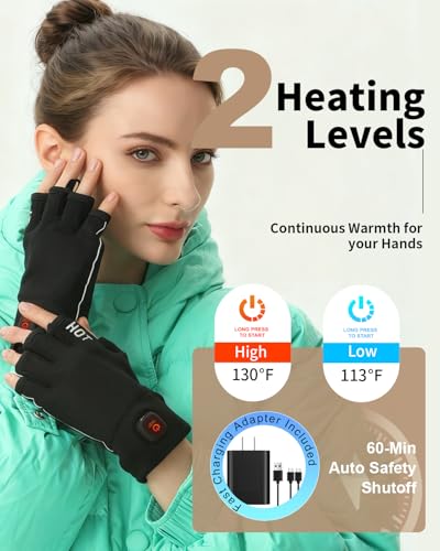 Image of uncn Heated Gloves Fingerless for Women Man with 3.7V 3000mAh Battery Cordless Work Touchscreen Gloves for Winter Cold Weather Rechargeable Electric