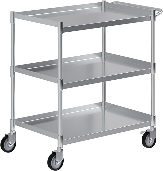 3 Shelf Stainless Steel Tubular Utility Cart | Metal Utility Cart on Wheels with Handle | NSF Certified | (18" Wide X 28" Long X 33" High)