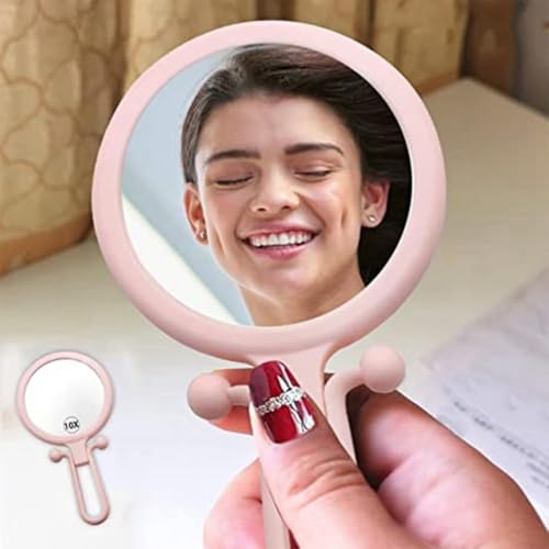 Image of Handheld Makeup Mirror with Magnification, for Desk Make Up, Magnifying Hand Held Mirror (Folding Hand Held Mirror (Pink))