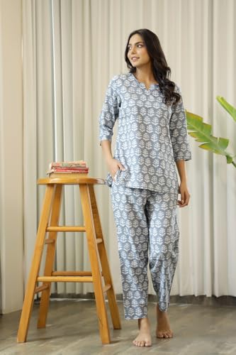 Image of SANSKRUTIHOMES Women's Premium 100% Cotton Printed Co-Ord Set | Short Sleeve Shirt & Pant Set | Pink Checkered Sun & Palm Tree Print | Casual Summer Resortwear, Vacation Wear & Comfortable Loungewear