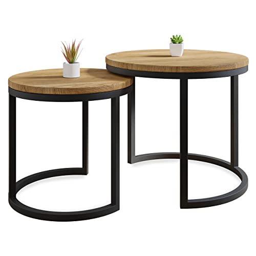 Lumarc Modena, Lot de 2 Tables Basses Gigognes de Salon Faites à la Main en Bois Massif de Chêne Naturel au Design Industriel Minimaliste Moderne, Ronde, Ø50x43 cm / Ø40x38 cm