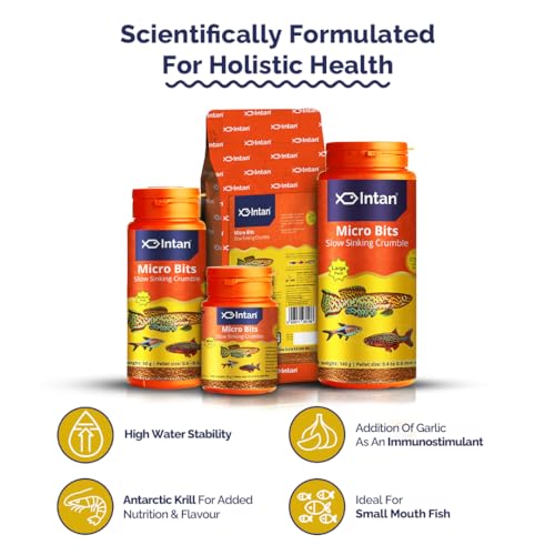 Intan Micro Bits Slow Sinking Crumble Fish Food | Crumble for Killifish, Tetras, Rasboras, Danios Fish | Large Pack 140 Gm, Pellet Size 0.4 to 0.6 mm Dia, Pack of 1,All Life Stages