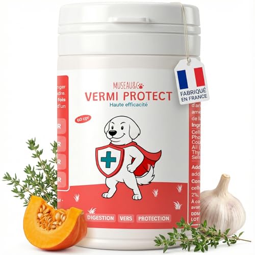 Vermifuge Naturel Chien Chat - Antiparasitaire Plantes Courge Ail Thym - vers Intestinaux - 60 Comprimés - Chien 2-10kg 10-20kg 20-40kg - Formulé par des...