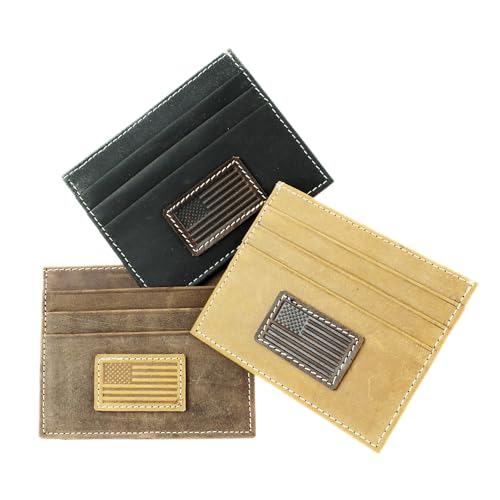 American Bison Men’s Leather Credit Card Holder – Embossed American Flag Slim Wallet with ID Window, 3 Card Slots, Slide Pocket – Wooden Gift Box (Tan)2