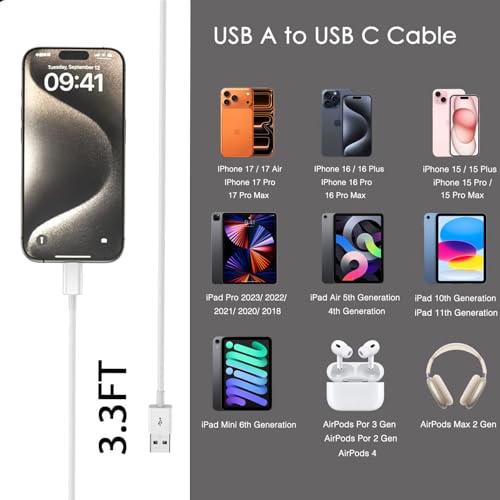 iPhone 16E/17 Car Carplay Cable for iPhone 16E/17Air, 15/16/17 Pro Max 15 16 Plus Car Accessories Cable,USB A to USB C for iPad 10th Gen iPad Pro,Air 5th 4th Mini 6th Charger Cord Replacement (3.3 FT)