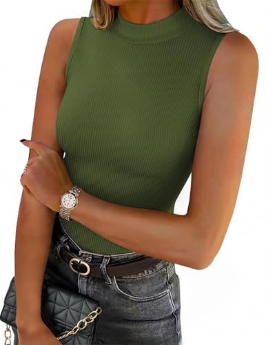 Zeagoo Womens Sleeveless Mock Turtleneck Tank Tops Slim Fit Stretch Ribbed Tops Casual Basic Layering Shirts 2025 Army Green