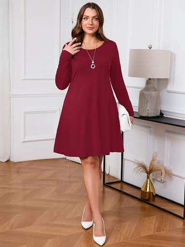 Image of AusLook Women's Plus Midi Dress Long Sleeve Crew Neck A-Line Swing Flowy Vacation Fall Wedding Guest Dresses with Pocket 1-5X
