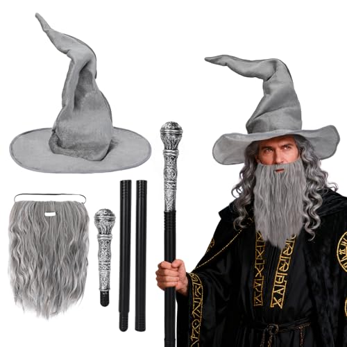 XEPST Wizard Costume Beard and Hat Set, Fake Beard Witch Hat for Adults with Wizard Staff, Halloween Costume Accessory