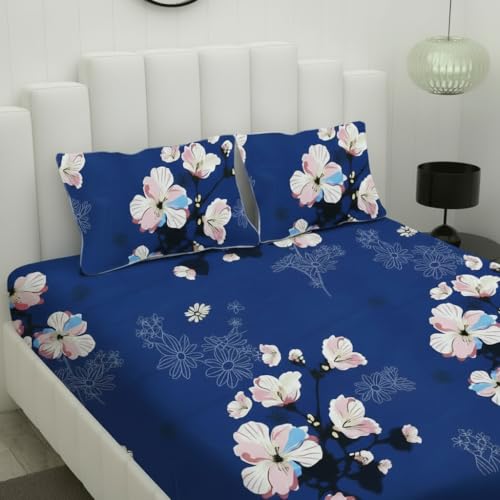 Image of Filymore Flat Doble Bed Sheet Floral Design Bedcover with 2 Pillow Covers - 240 TC Soft Microfiber Doble bedsheet for Queen /King Size Bed (Blue) (90x95 inches)