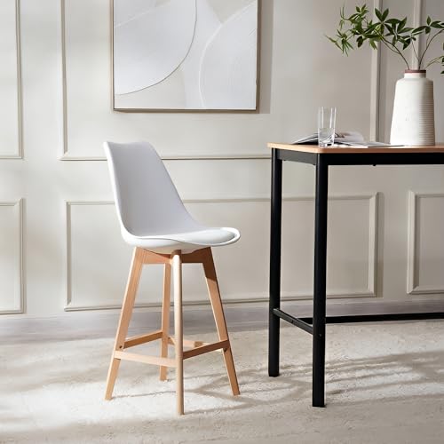 تايمي مقاعد بار مع وسادة على الطراز الاسكندنافي مع مسند ظهر ومسند للقدمين، كراسي بار للمنزل والمكتب والاستوديو والمتجر والمنتجعات الصحية، مقعد مطبخ بارجل من خشب الزان الصلب - ابيض - عبوة من قطعتين