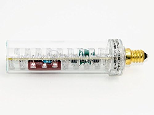 Side view of a TCP LED exit light retrofit bulb, showing the clear casing, internal components, and text on the base.