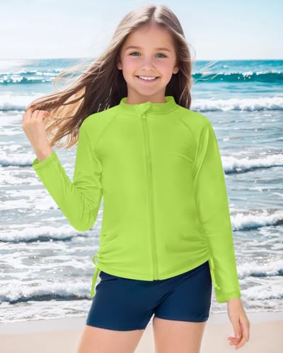 Image of BesserBay Child Girls UPF 50+ Lime Green Swim Shirt Long Sleeve Zip Up Rashguard Top 9-10 Years