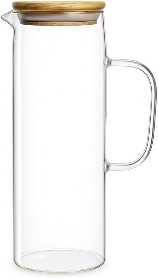 Jarra de Vidro 1,2L com Tampa de Bambu – Design Elegante e Minimalista, Resistente a Calor, Ideal para Água, Suco, Chá, Drinks e Decoração de Mesa KOALAECOM®