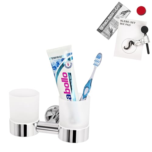bremermann Bad-Serie Lucente - Doppel-Glasbecherhalter, Zahnputzbecherhalter inkl. Klebeset und Wandhalterung, Becherhalter - Zahnbürstenhalter, aus satiniertem Glas und Edelstahl verchromt